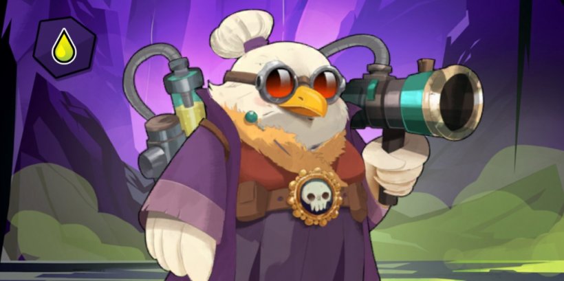 An avian creature wearing purple clothes and a chemical backpack