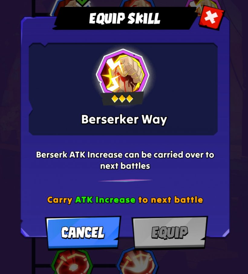 A dialogue box explaining how Brawlya's Berserker Way skill functions