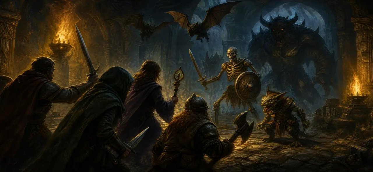 a squad of four fighting monsters, bats, and a skeleton wielding a sword