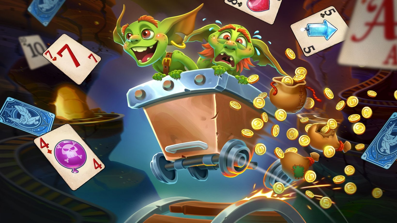 two goblins in a cart with bags of coins falling, while they are surrounded by playing cards
