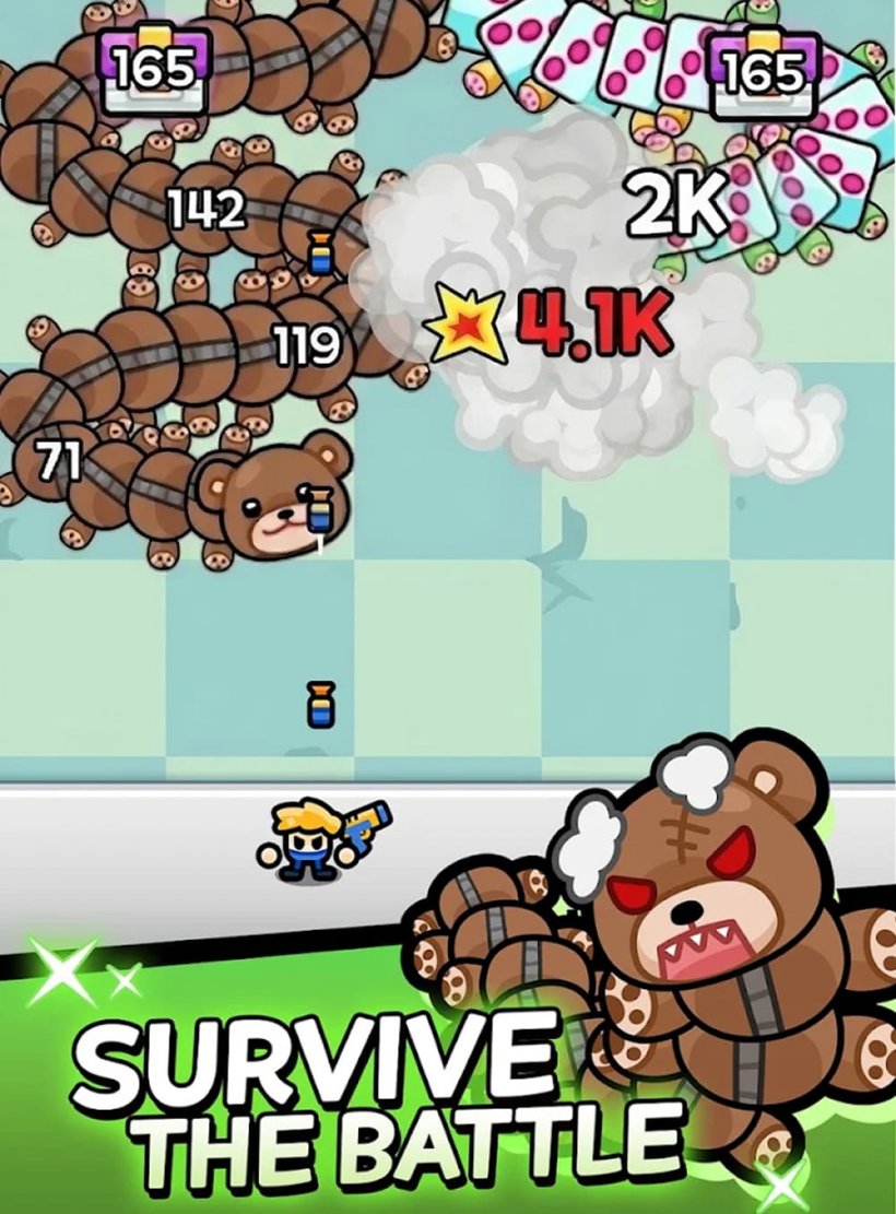 An image of a small figure fighting off an enormous centipede-like creature stitched out of teddy bears.
