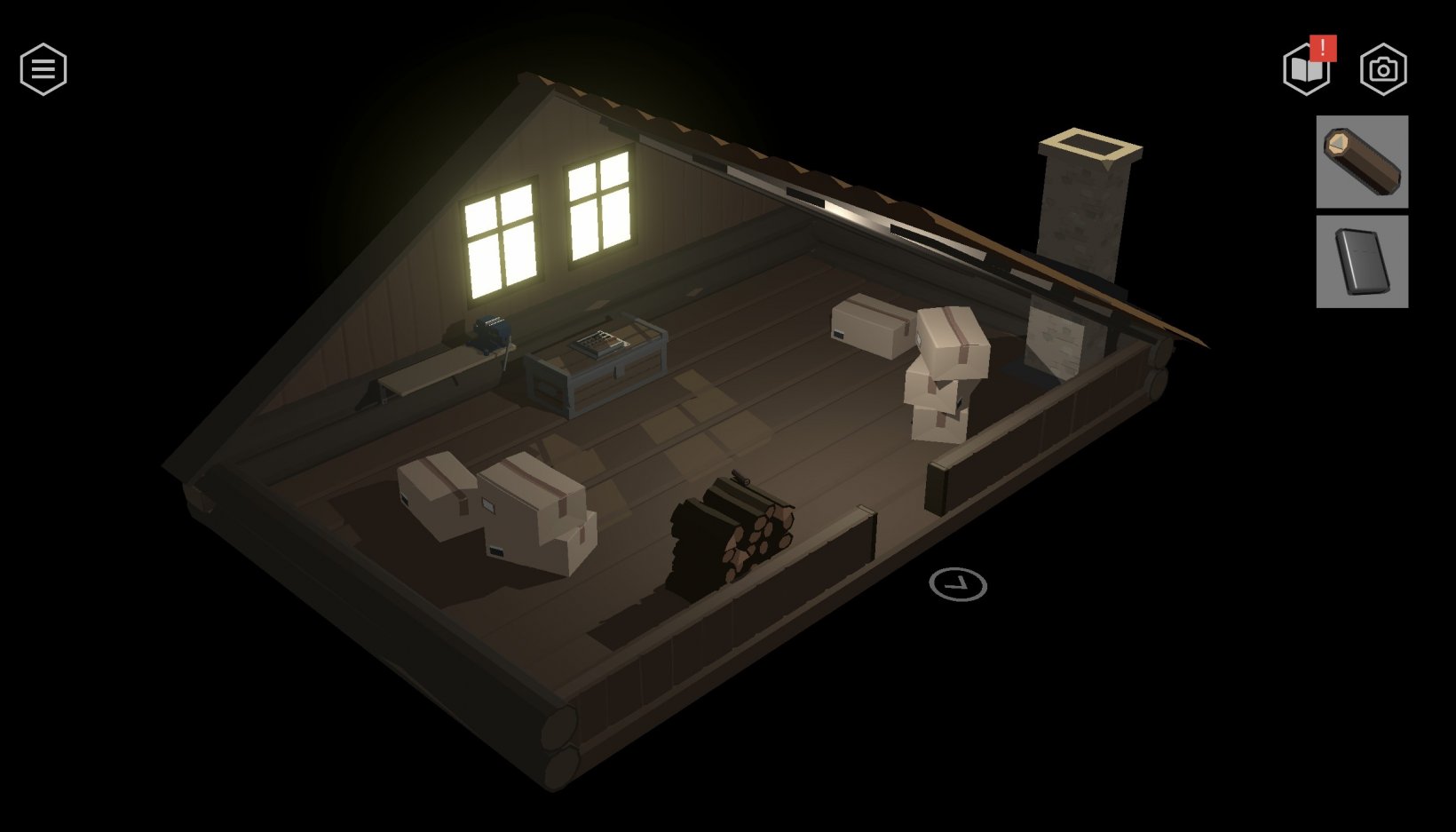 attic of a house with some cardbord boxes and light coming in through the window