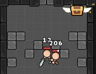 a flying chest floating above the dungeon where two bald heads are fighting