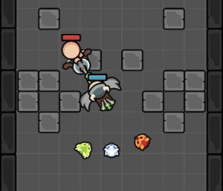 top view of two people fighting, with pets tagging along behind the hero