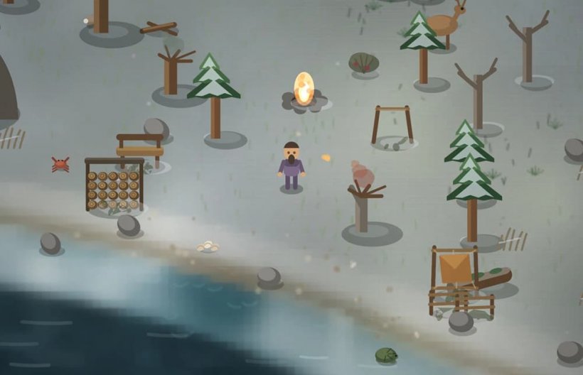 A small figure stands in a light woodland filled with snow, surrounded by various equipment such as a leather crafting station.