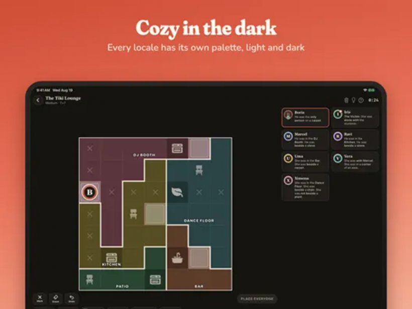 An image of the gameplay of Roomers, showing a floorplan and placed suspects on an iPad screen.