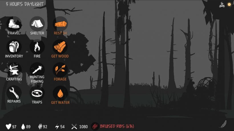 An image of a minimalist forest, featuring choices and stats for survival in a game UI