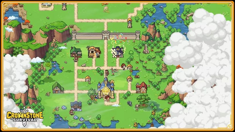 An isometric image of a pixel-art kingdom showing its growth behind a large wall.