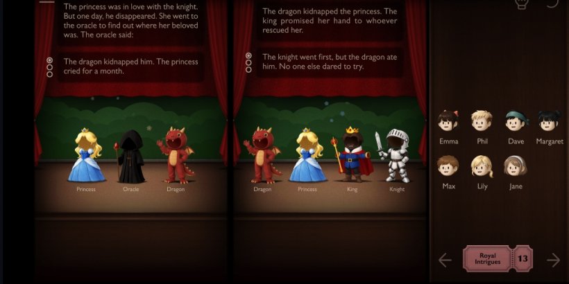 Several costumes are lined up on a stage with several actors waiting to be assigned on the left