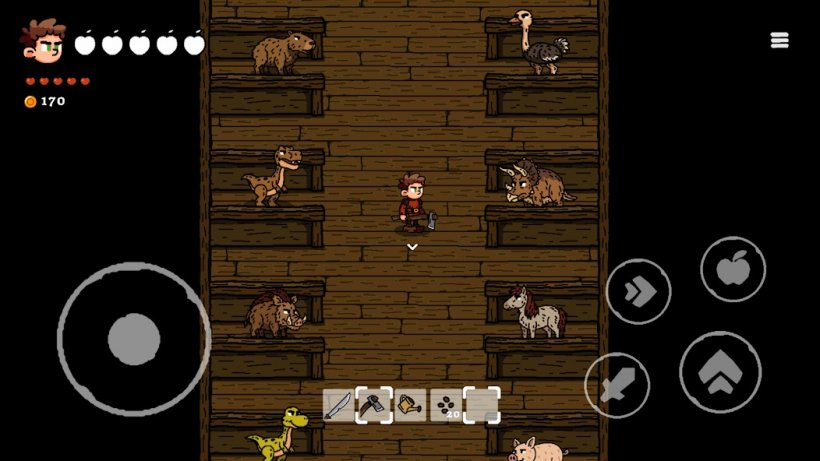 a man with an axe in a barn full of different wild animals and dinosaurs