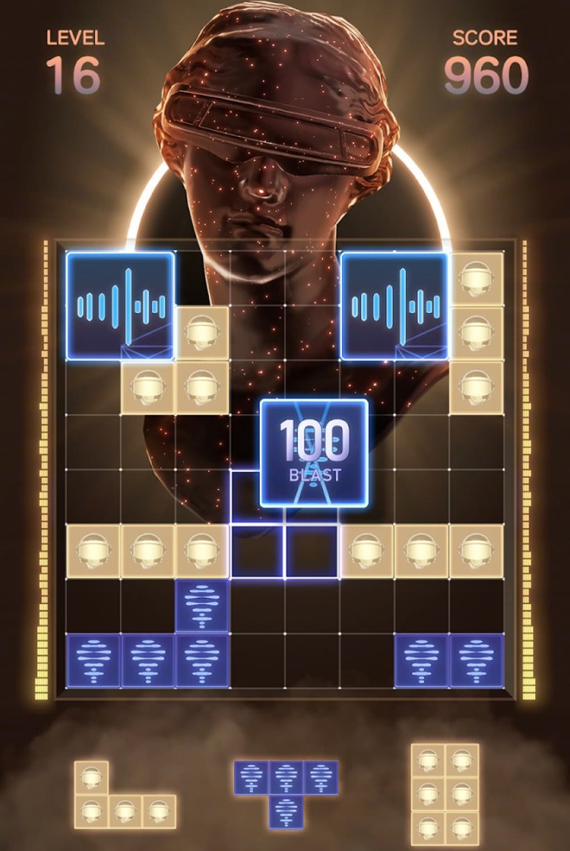 A surreal, Tetris-like game screenshot showing a blindfolded Greek bust behind it rendered in flashy style.