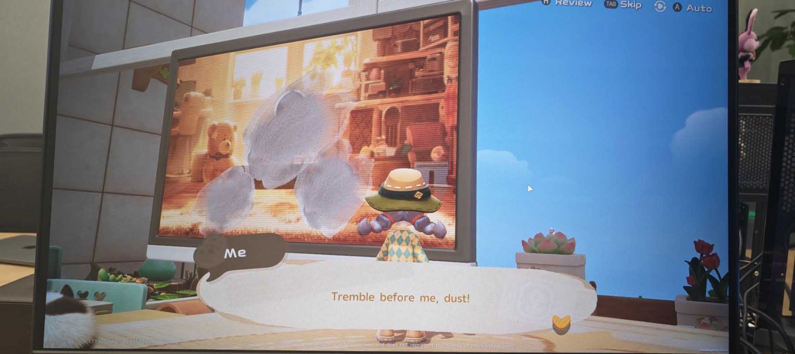 female character declaring war on dust on her PC