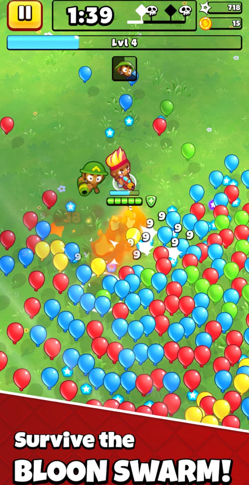 An image of monkeys with darts popping balloons in a horde advancing on them, from a top-down perspective.