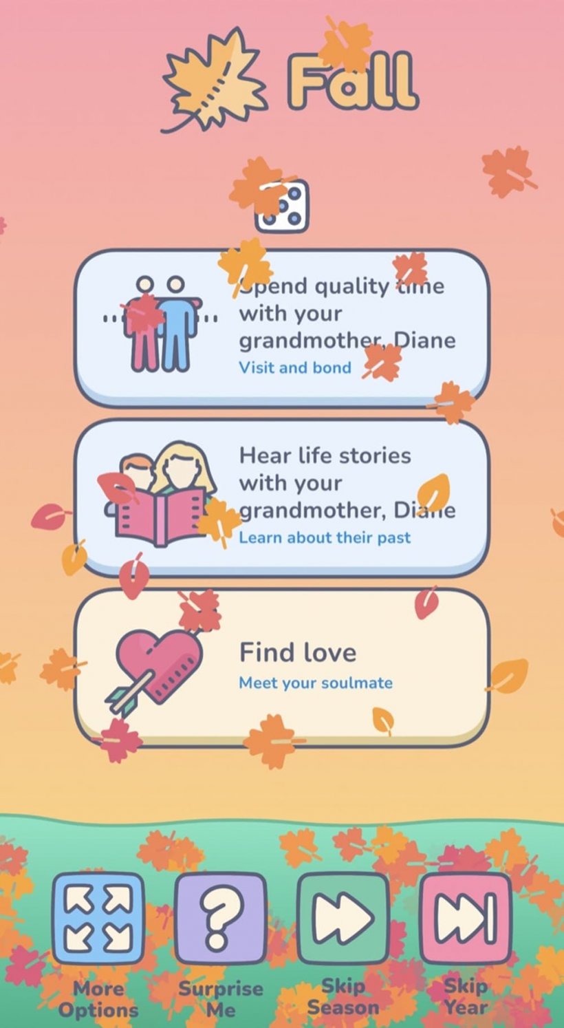 An image of a fall background with various life choices to be made, and options to skip or 'surprise me' at the bottom.