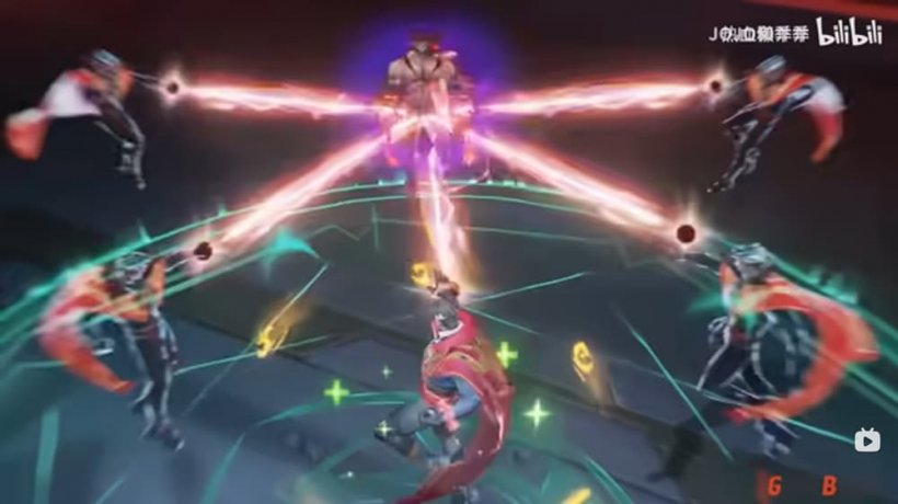 An image of Dr Strange wearing his distinctive red cape, having cloned himself into multiple astral projections, firing beams at an enemy.