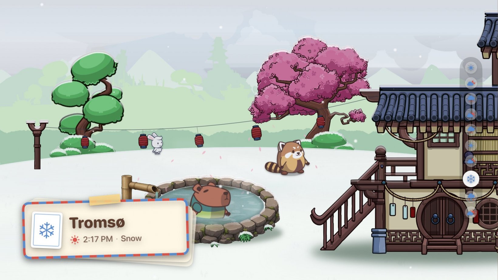 a capybara swimming in a hot spring with another animal in a japanese styled setting