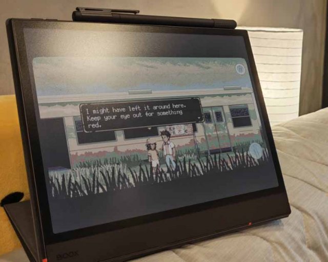 a space for the unbound being played on a tablet with eink screen on a couch