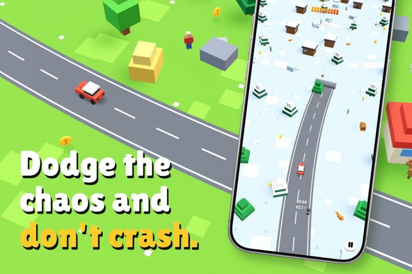 A screenshot showing a low-poly car moving alongside a road. The text reads 'dodge the chaos and don't crash'