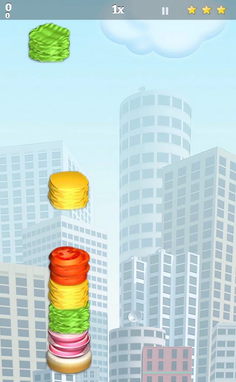 A screenshot of burgers being stacked toward the sky over a cityscape background.