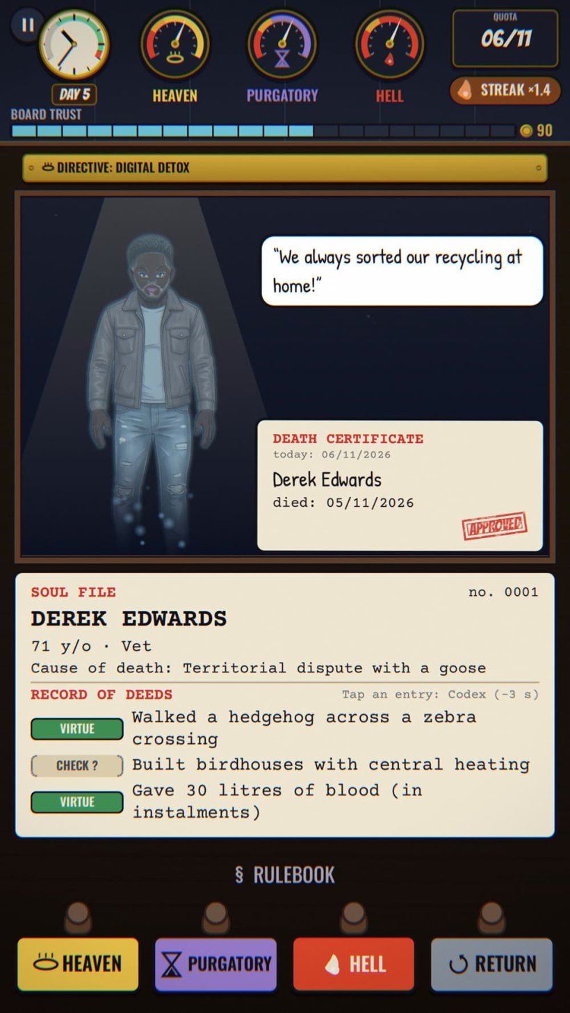 An image of a ghostly figure stood amongst a paper-style UI showing information on how they died, what their life was like and their pleas for mercy.