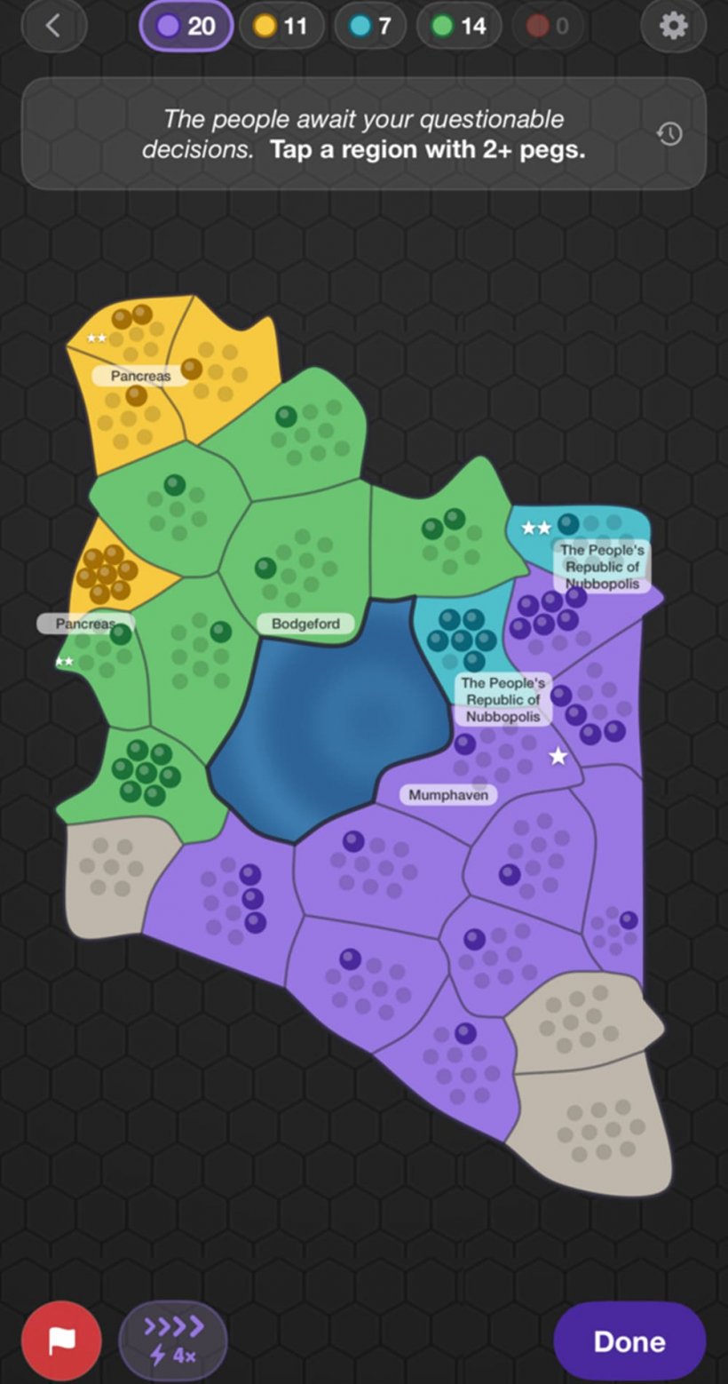 An image of a game UI, showing different coloured 'blobs' that represent different countries.