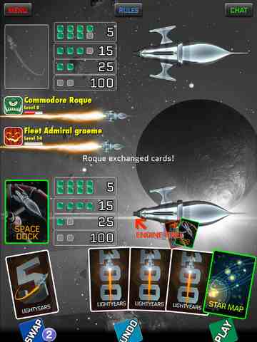 Complete outer space-based races in turn-based card game Rocket Patrol for iPad