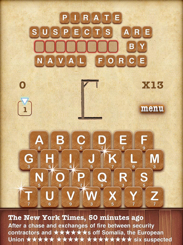 Play the news on iPad with Hangman RSS HD