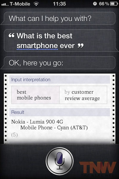 Siri tells iPhone 4S users that the Nokia Lumia 900 is the best smartphone ever