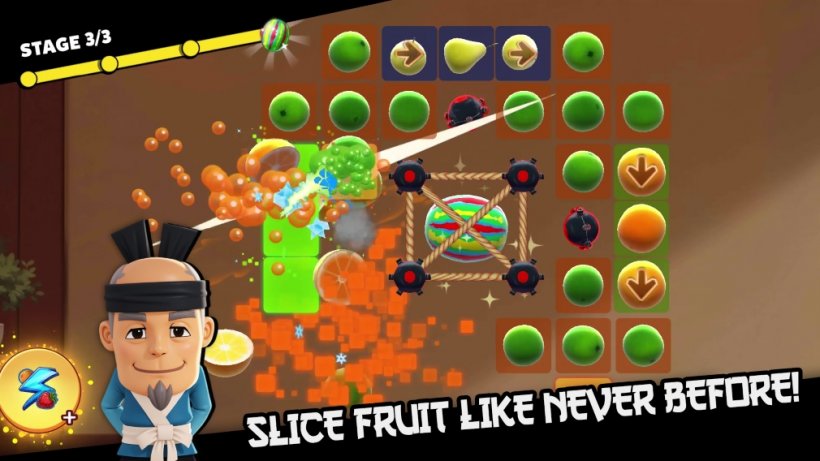 A wise old man stands in the bottom left corner while white text promises the player will slice like never before