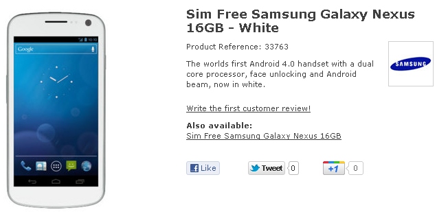 White 16GB Samsung Galaxy Nexus available in the UK from February 6th for £519
