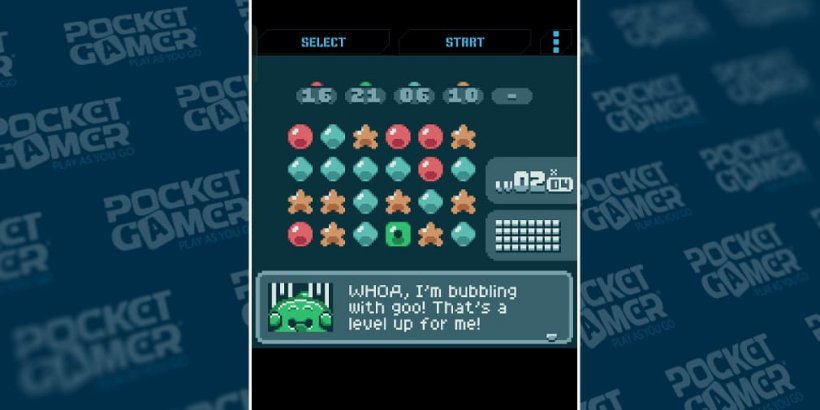 Huey awaits below a grid of yummy slimes.