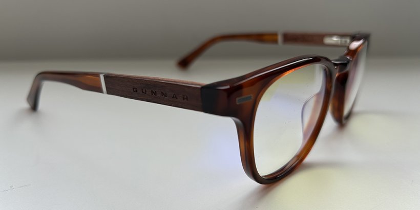 Side view of the Gunnar Tioga glasses showing off wood detail