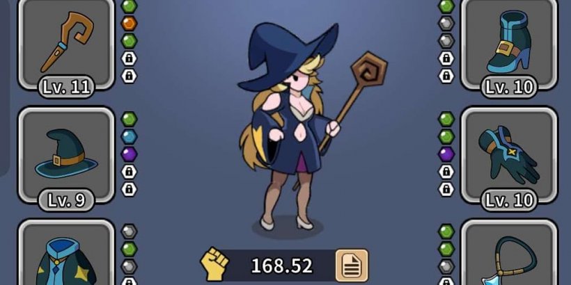 The witch equipping gear and runes.