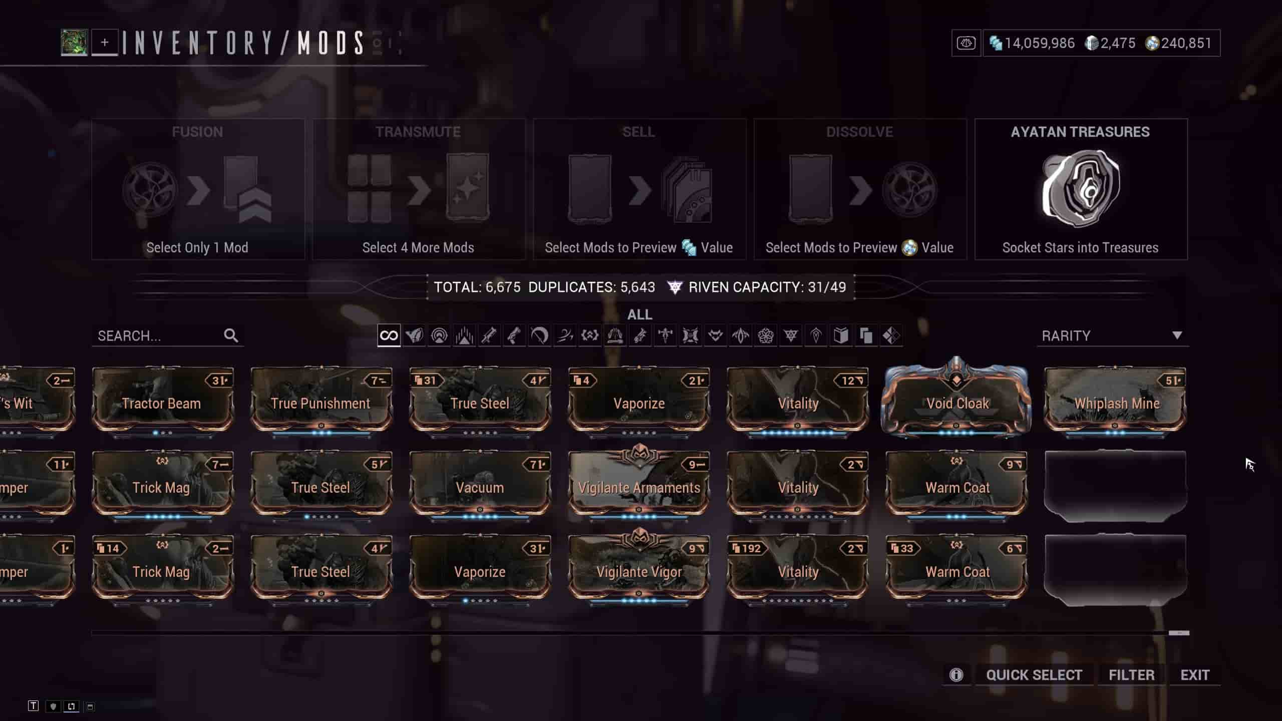 The menu for Mod management, where you can upgrade and sort through your various Mods.