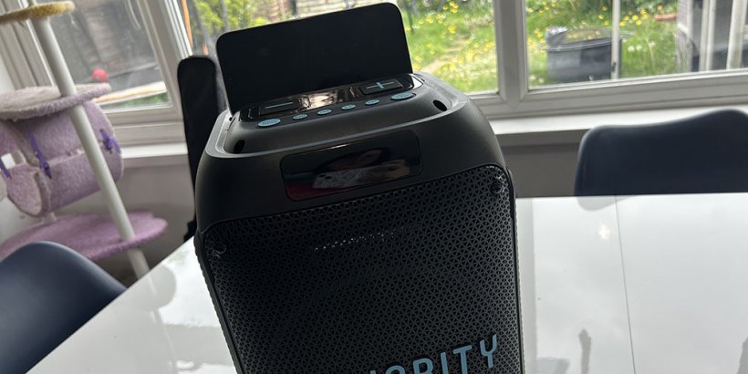 Phone on the stand on the Majority Pulse 1 Speaker