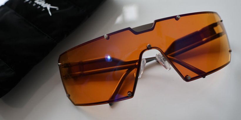 Top view of the Gunnar Cyberpunk 2077 Dex glasses with pouch
