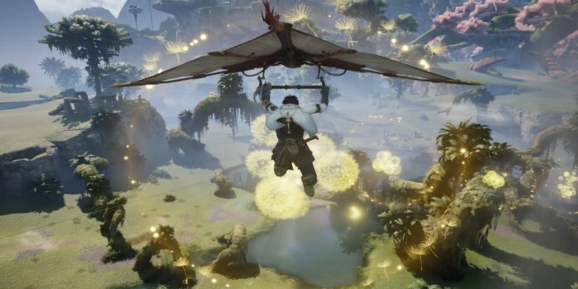 Hero flying through the sky with a glider