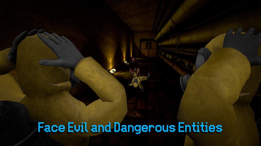 Two yellow hazmat-wearing people look on in horror as one of their number is consumed by a zombie.