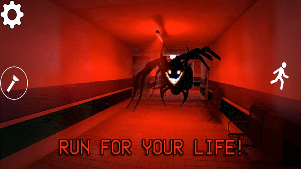An enormous, spider-like creature with a wide smile races towards the POV character.