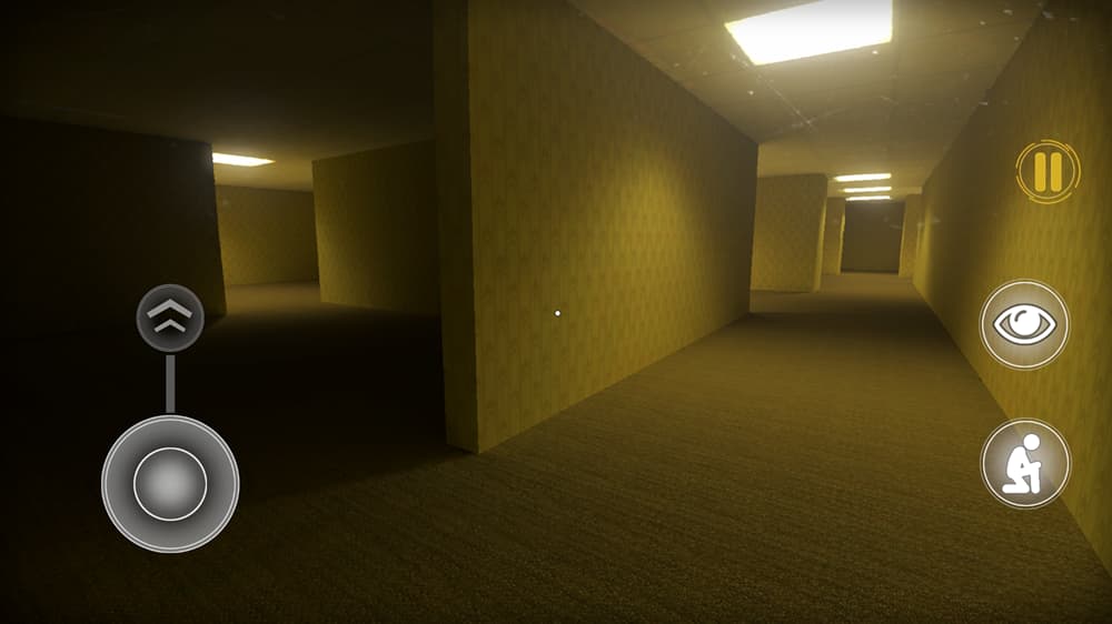 A similar picture of vast winding yellow hallways with infrequent fluorescent lighting, only this features a gameplay UI.