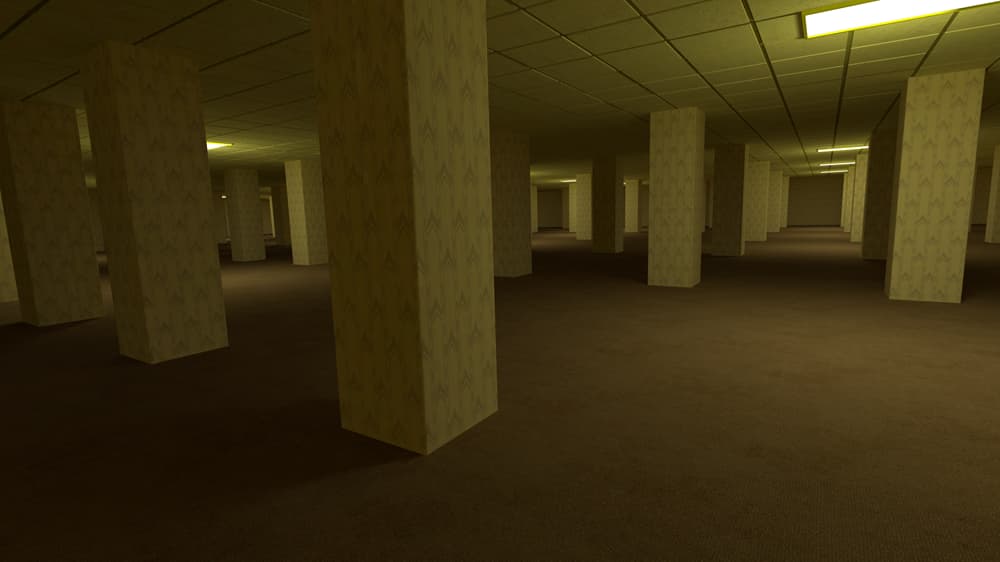 An image of featureless corridors with yellow wallpaper and infrequent fluorescent lighting.