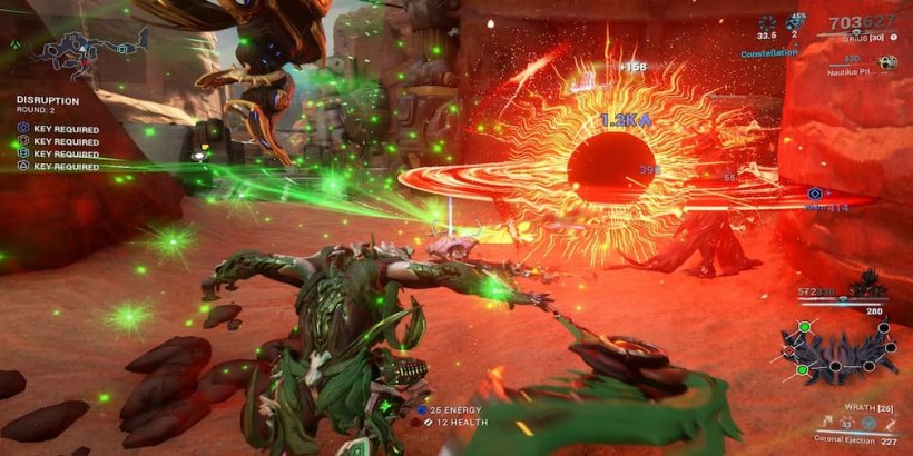 character crouching as a black hole pulls in an enemy