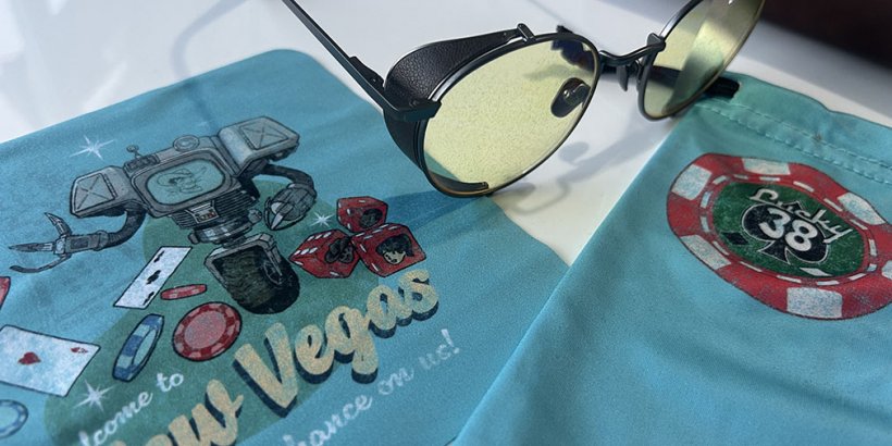 Close up of the accessories and the Fallout Lucky 38 glasses