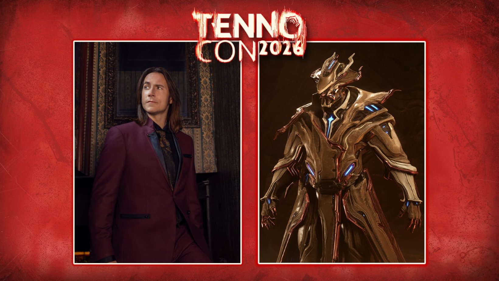 A photo of Matthew Mercer stands next to a new Warframe