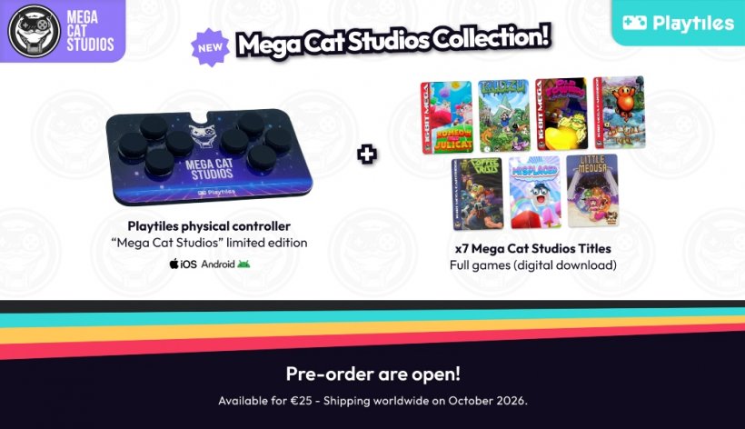A poster for Playtiles' collaboration with Mega Cat Studios explaining what people will get if they buy it