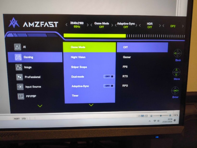 The Amzfast AMZG27F6U monitor's menu