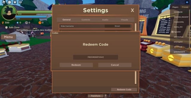 Dragon Blox redeem code screen